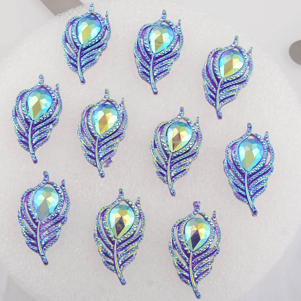Boliao 10 peças 20*38mm( 0,79 pol.) resina de folha de pavão brilhante cristal roxo parte traseira lisa sem furo cola decoração de férias para casa