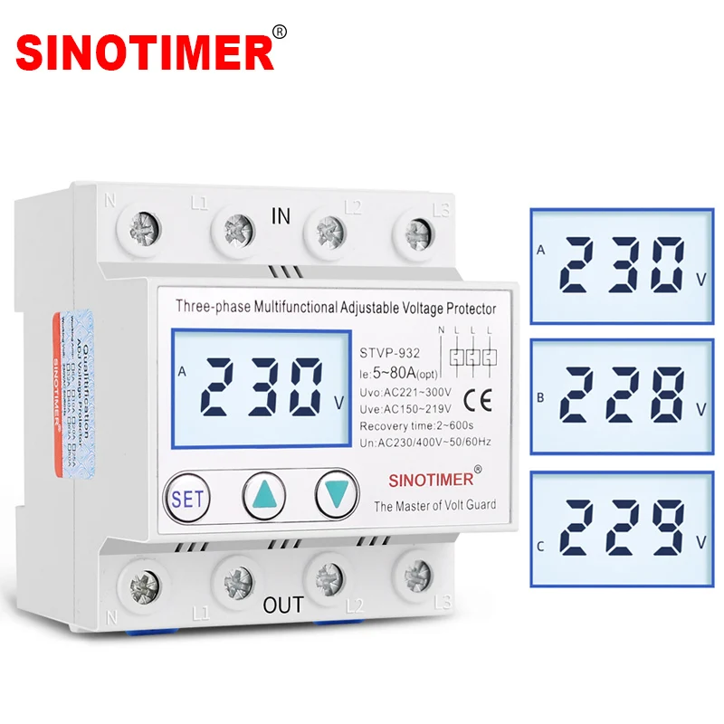 Din Rail Adjustable AC 380V 3 Phase Over and Under Voltage Protector Relays Voltmeter Monitors Phase Sequence Failure Protection