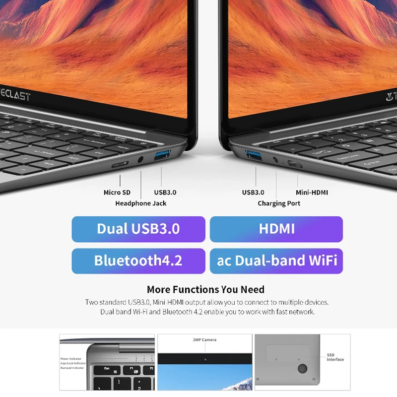Teclast-F7S 노트북 14.1 인치 8 GB RAM 128 GB SSD 윈도우즈 10 인텔 N3350 듀얼 코어 2.4GHz 2.0MP 전면 카메라, 7 시간 믹스 사용 노트북