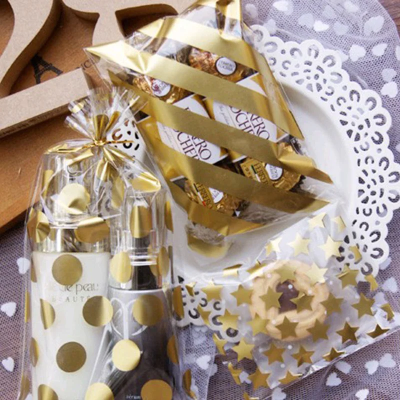 Candy Box Cookie Plastic Bags Candy Gift Bags For Biscuits Snack Baking Package Transparent Plastic Bag With White Gold Dots