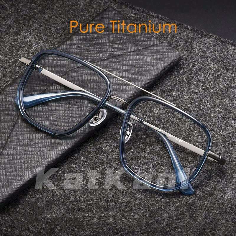 

KatKani Men's Ultra Light Pure Titanium Retro Polygon Double Beam Glasses Frame Pilot Optical Prescription Glasses Frame 2217YJ