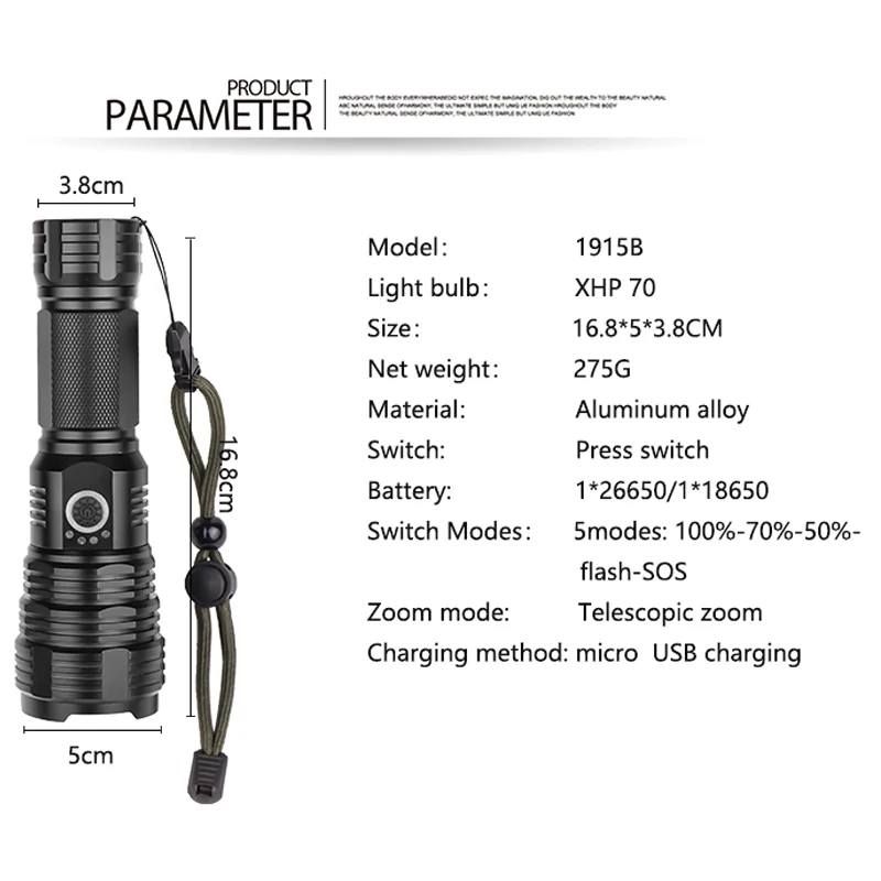 Ultra Bright XHP70.2 LED Flashlight XHP50 Rechargeable USB Zoomable Torch XHP70 18650 26650 Hunting Lamp for Camping