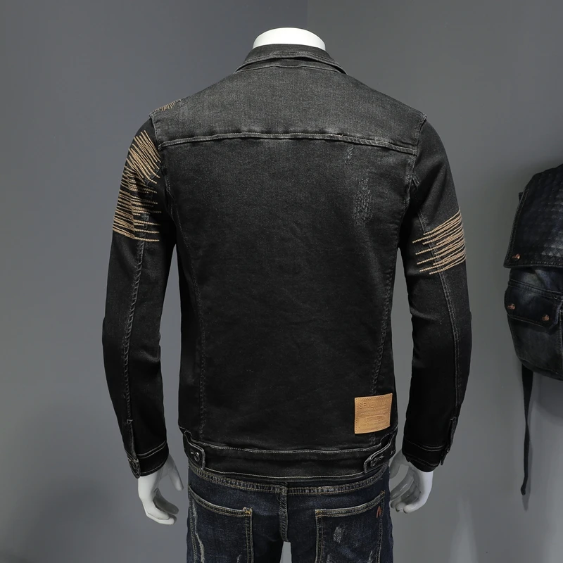 Veste en Denim à manches longues pour homme, mode noire décontractée, col rabattu brodé, simple boutonnage, Slim, rétro, printemps et automne