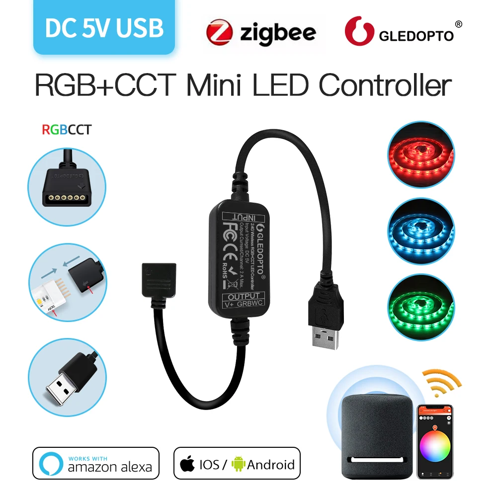 

Gledopto Zigbee DC5V Mini RGBCCT Controller 2m LED Strip Light Fit For TV Backlight Compatible With SmartThings Smart Life APP