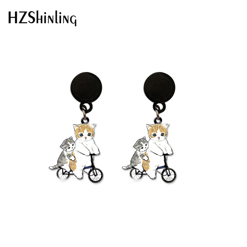 2021 New Arrival Cartoon lovely Funny Cats bicycle Dangle Drop Earrings Resin Epoxy Acrylic Ear Jewelry