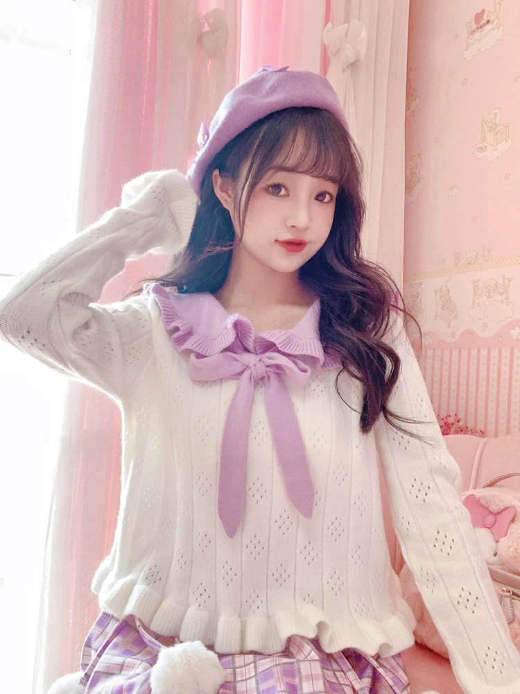 Kawaii Rabbit Ear Knit Sweater Cute Girl Jumper Women Crop Top Autumn Korean Fashion Long Sleeve Vintage Tie Bow Front Pullover