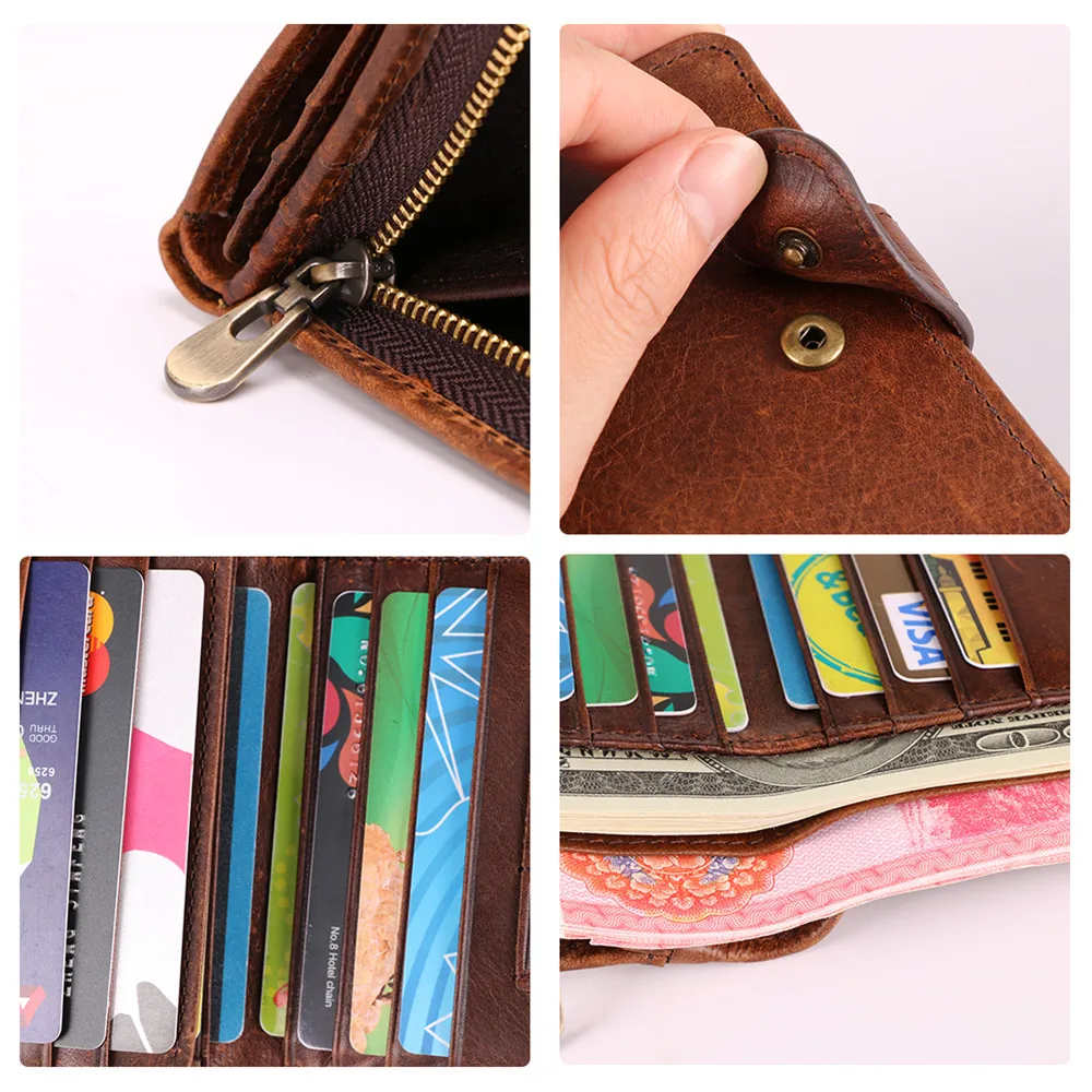 RETROGOO – portefeuille RFID à trois volets en cuir véritable pour homme, porte-cartes SIM, fermeture éclair, poche pour pièces de monnaie, bonne qualité, Cowboy Cartera