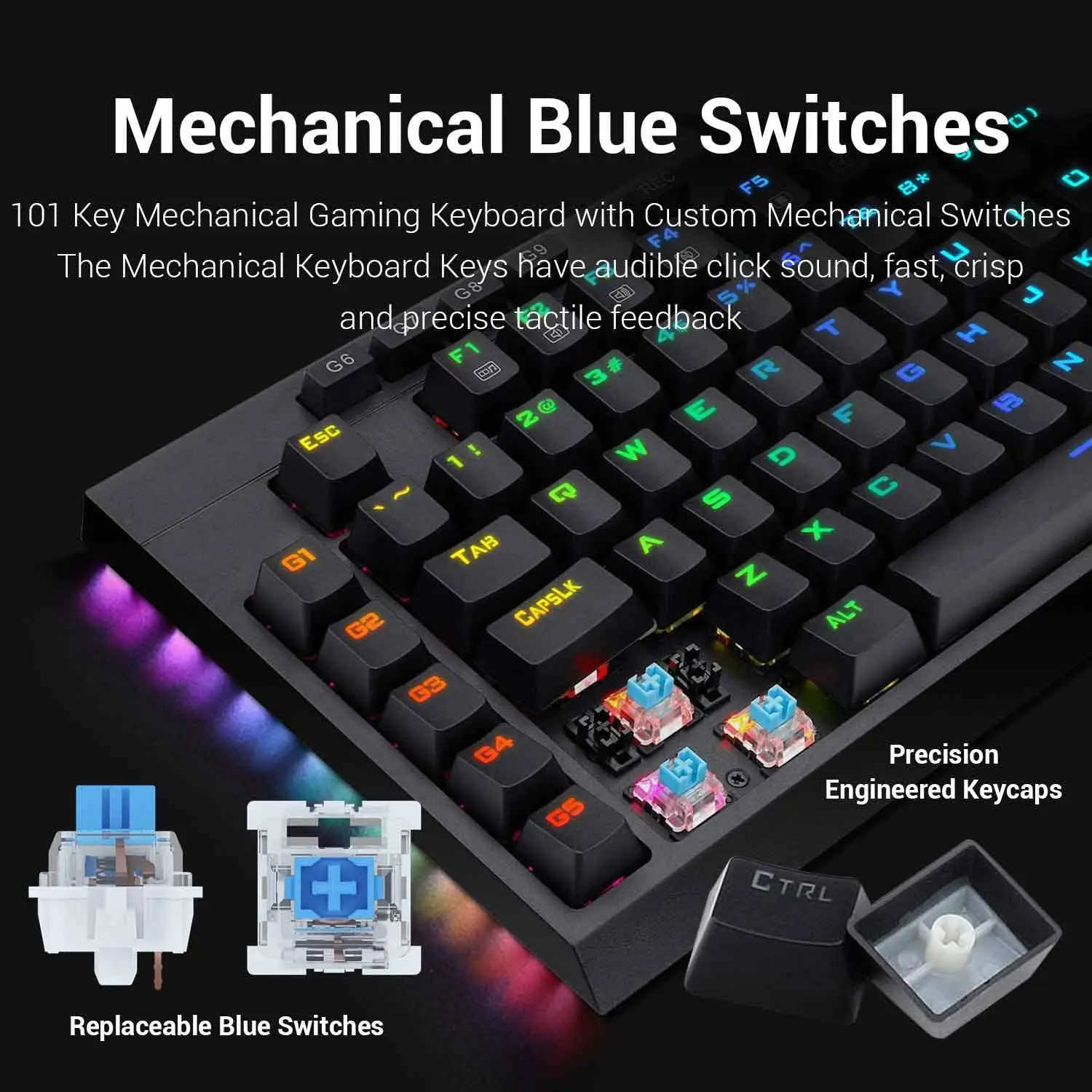 Redragon-Teclado mecánico Broadsword K588 RGB con cable USB, interruptor azul de 102 teclas, PC, Notebook, Gamer