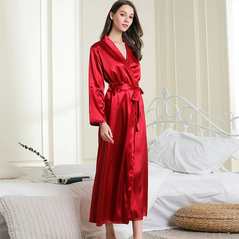 Red Pajamas For Women Sleepwear Female Simulated Silk Turn-collar Sleepwear Lace Sexy Sleepwear Bathrobe Home Clothing Long Robe