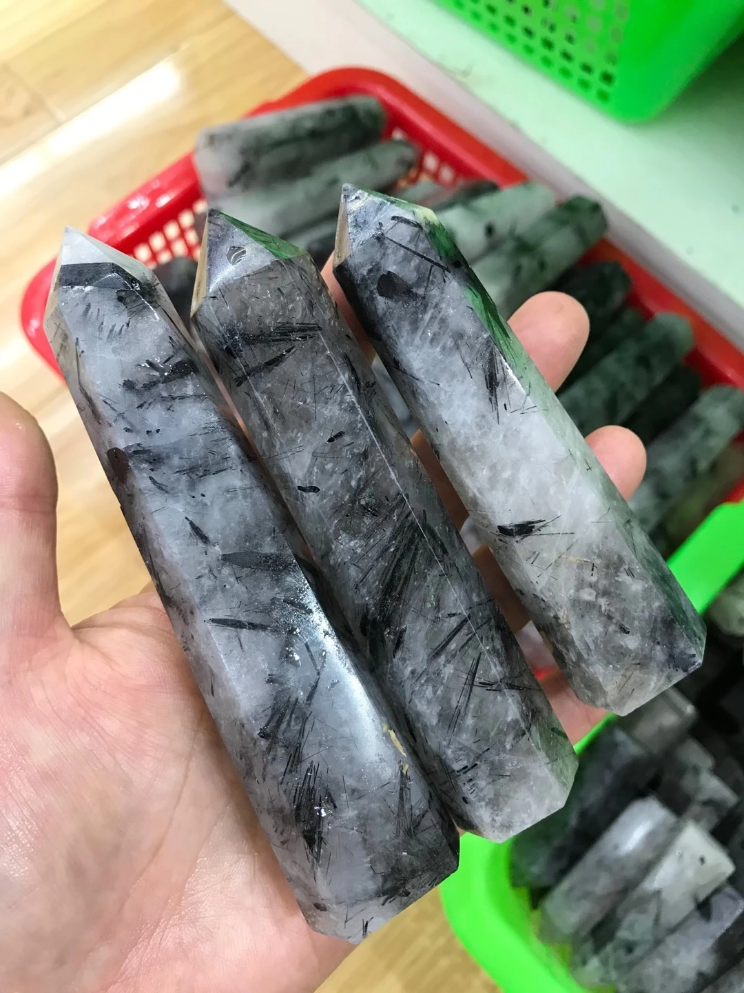 6-9CM Natural Hairstone Point Black Hair Quartz Wands Tourmaline Crystal Obelisk Reiki Healing Ornament For House Decoration Gem