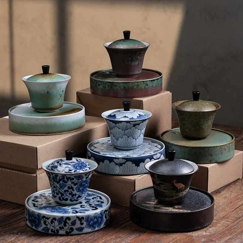 

Набор чайных чашек в японском стиле с блестящей крышкой, подшипник для горшка, винтажный керамический бамбуковый поднос для чая, Пивоваренная чаша, семейный чайный набор, Gaiwan