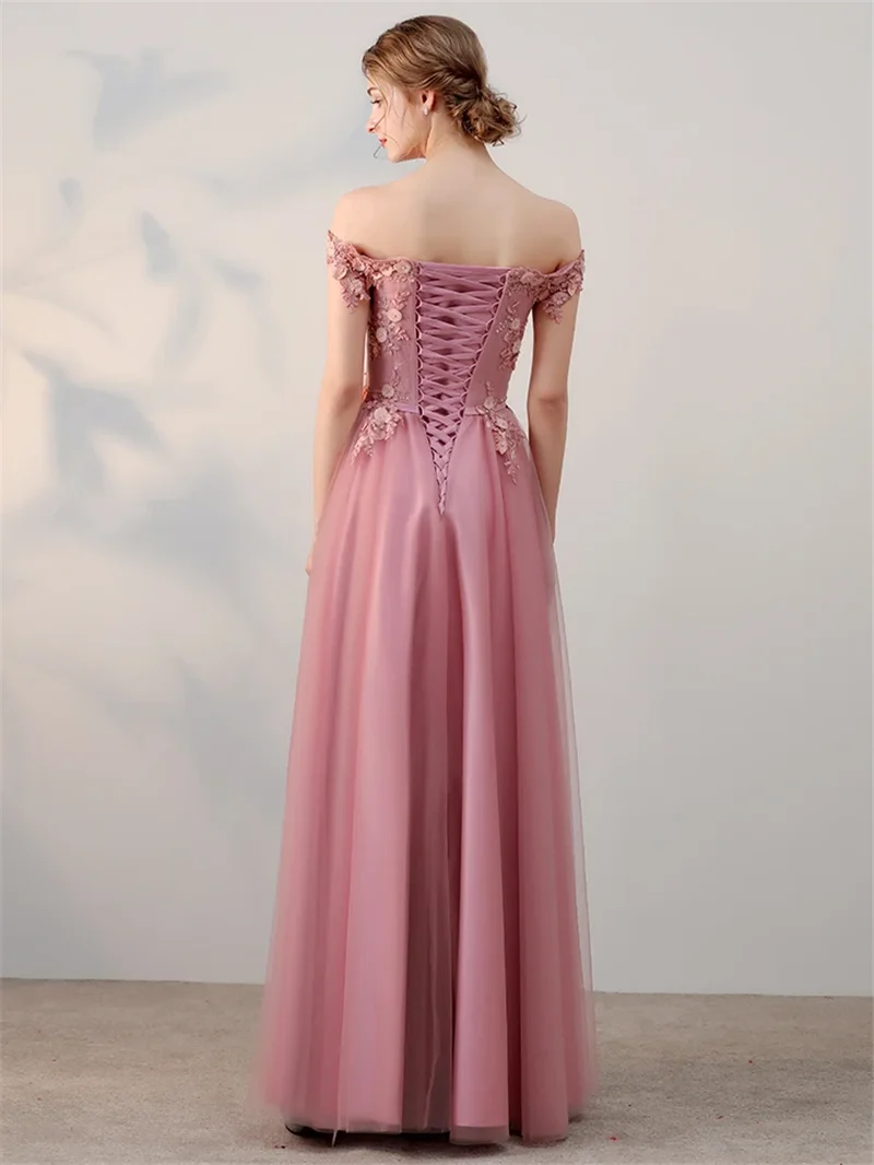 Peach Pink Boat Neck A-line Tulle Prom Dresses 2023 Off Shoulder Lace-up Back Floor Length Evening Dress with Beading Appliques