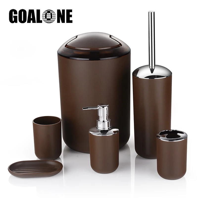 GOALONE 6Pcs/Set Luxury Bathroom Accessories Plastic Toothbrush Holder Cup Soap Dispenser Dish Toilet Brush Holder Trash Can Set