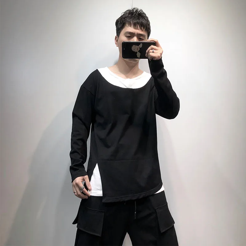 Day fasten fashion false two black and white spell loose round collar tide male T - shirt make bottom unlined upper garment