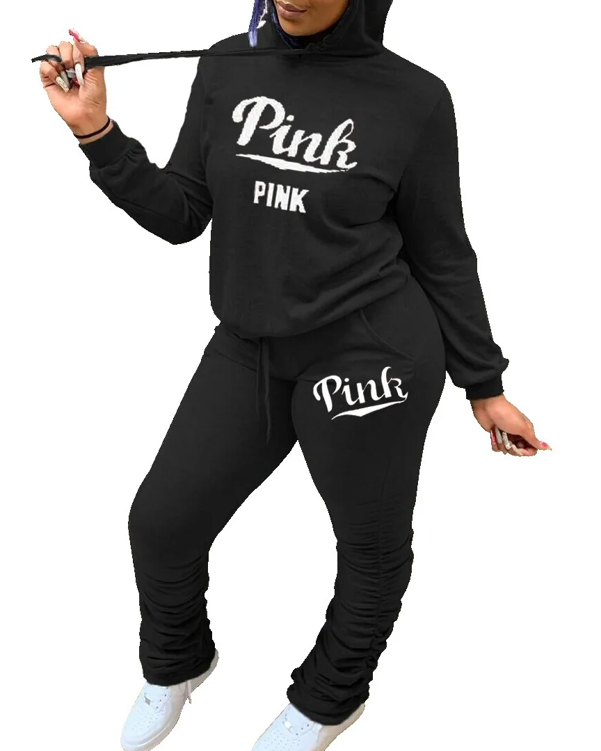 2024 Street 2 Piece Set Pink Letter Hoody Sweatshirt Top + Stacked Sweatpants Suits Casual Sport Outfits Spring Tracksuit Suits