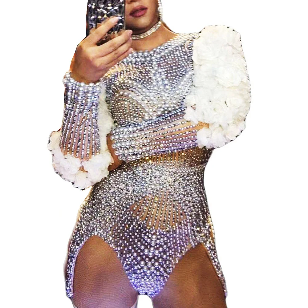 

Sparkly Women Rhinestone Pearl Bodysuit Appliques Long Sleeve Bodycon Nightclub Dance Show Wear Party Evening Drag Queen Costume