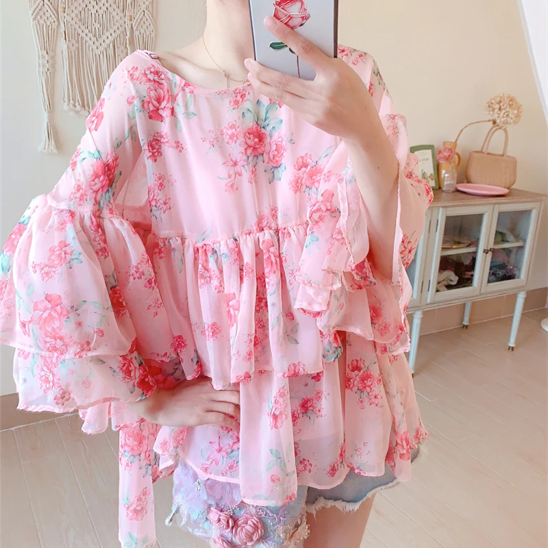 Women Summer Lolita Style Sweet Cute Floral Print Ruffles Korean Bohemian Casual Oversize Imitation Silk Chiffon Blouses