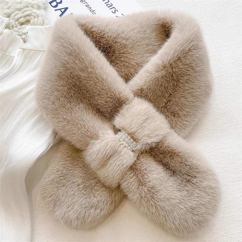 Fashion Solid Color Bow Pearl Diamond Plush Scarf Woman\'s Winter Outdoor Neck Guard Rabbit Fur Collar Knit Thick warm Shawl T42