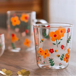 450Ml Sunflower Pattern Glass Cup Coffee Mug Milk Breakfast Glass Household Glass Mug with Handle Large Capacity Oatmeal Mug