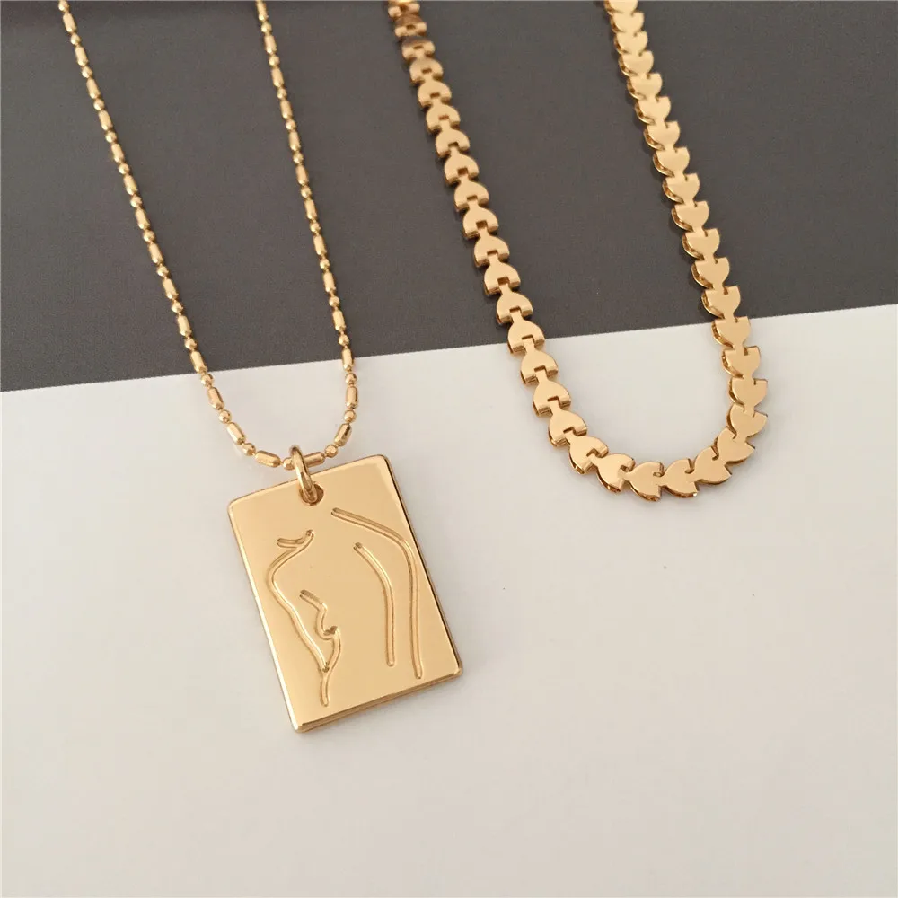 Bohemia Gold Color Plating Bady Line Engraved Pendant Layered Necklace For Women Girl Lovely Feminist Casual Elegant Jewelry