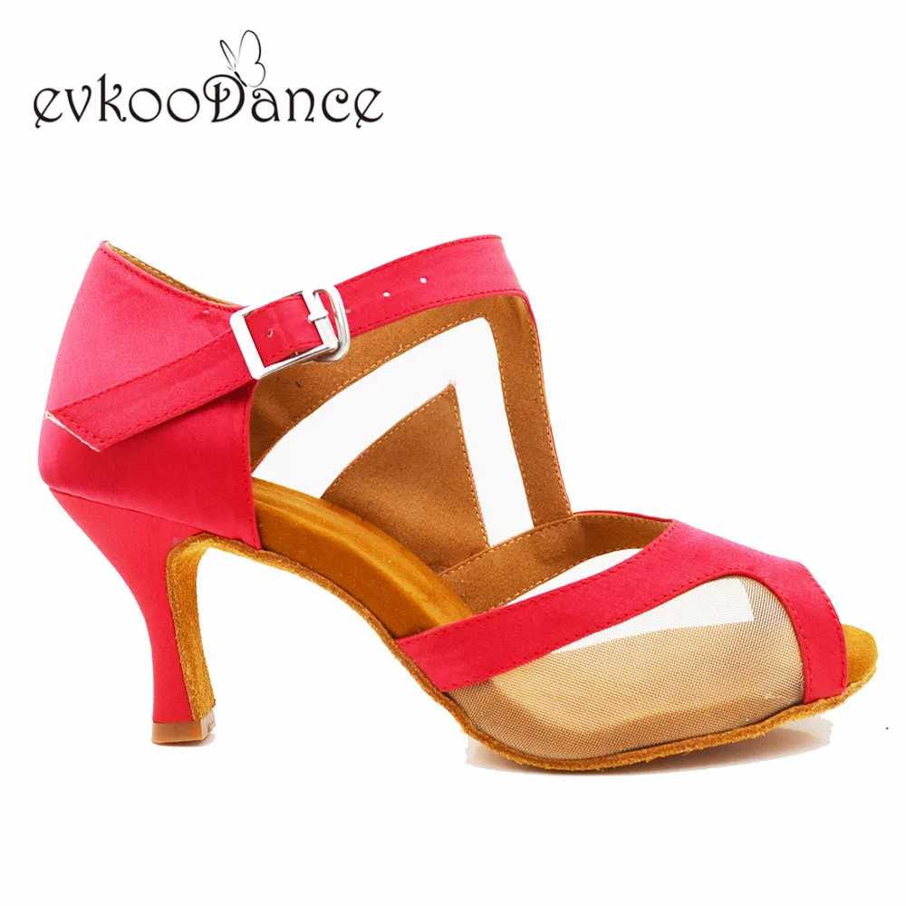 Evkoodance Size US4-12 satin latin dance shoes red mesh DIY heel height 7cm Women  Shoes Professional  Evkoo-610 Party Dancing