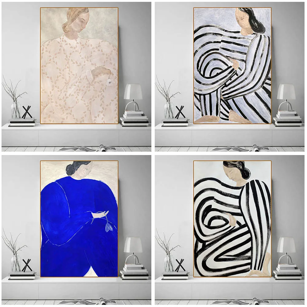 Abstract Line Woman Geometry Curve Girl Wall Art Canvas Painting Nordic Poster Morden Blue Pictures For Livingroom Home Decor