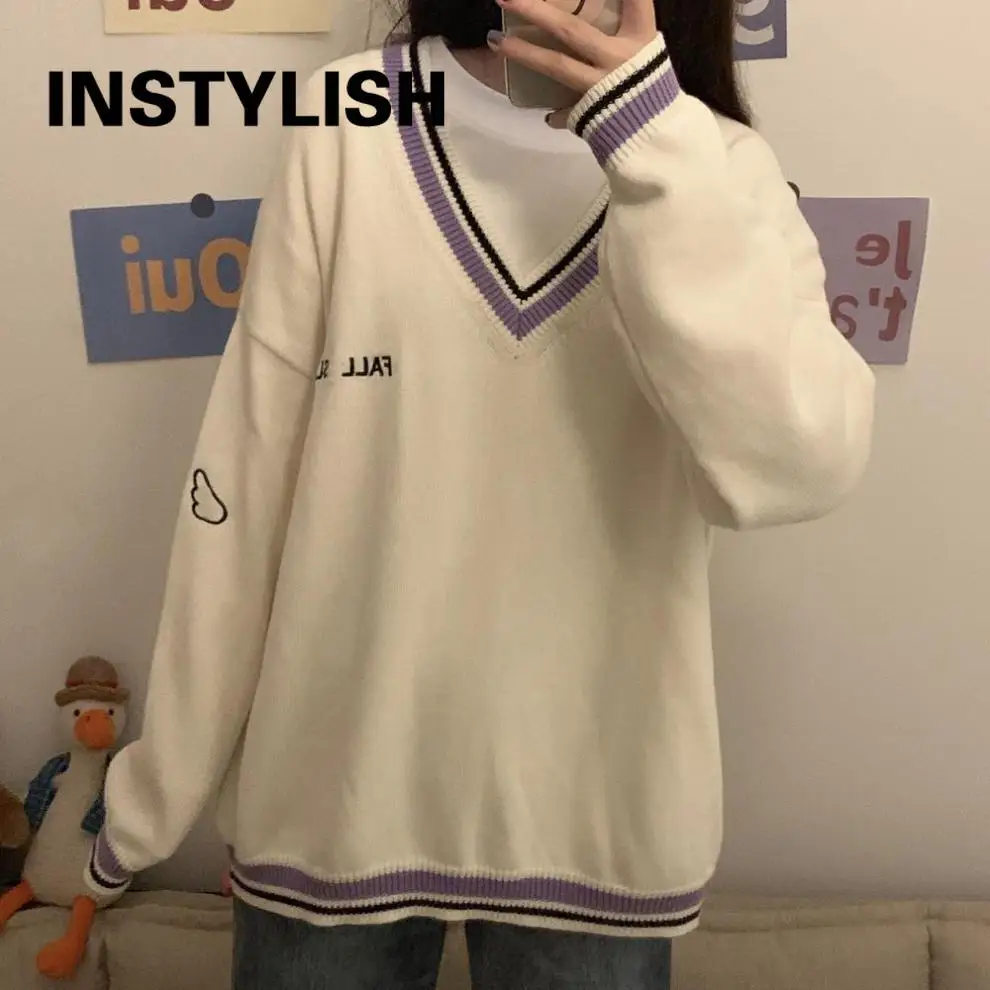 

Korean Fashion Oversized Sweater Elegant V Neck Ulzzang Letter Y2K Loose Knitting Pullover Long Sleeve Harajuku Jumper Tops