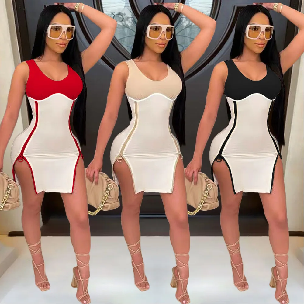 Sexy Side Double Zipper High Slit Mini Women Summer Dress Elegant Color Block Patchwork Sleeveless Bodycon Club Party Dress