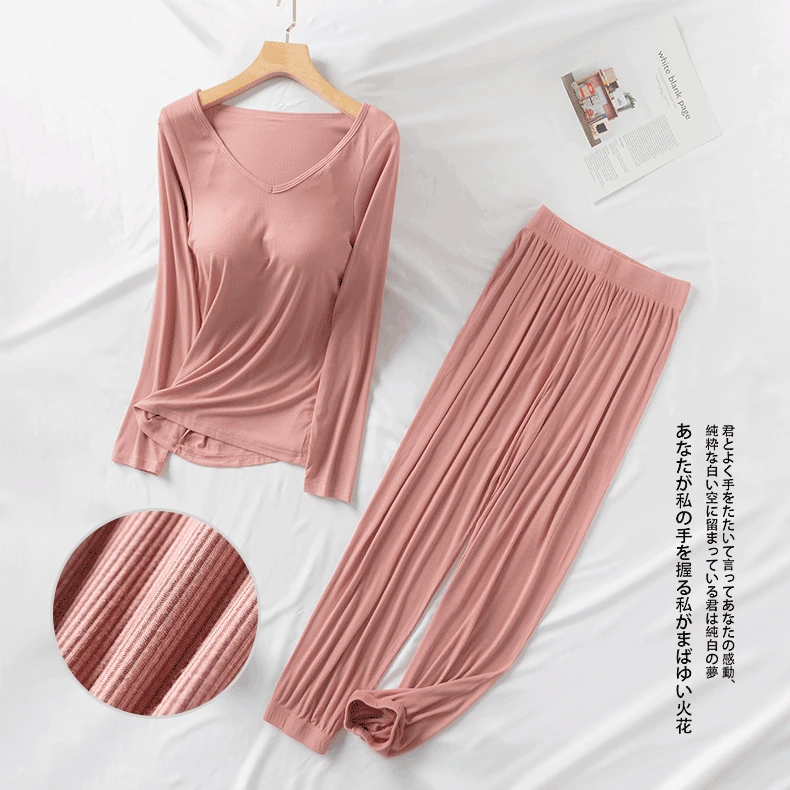 Spring and Autumn New Women\'s Modal Threaded Pajamas Long Sleeve Long Pants with Chest Pad Large Size Home Service Two-piece Set