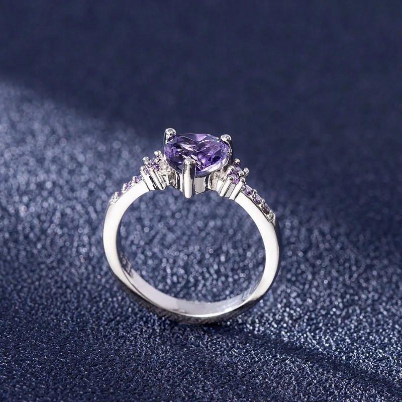 Heart Ring 925 Silver Jewelry with Purple Zircon Gemstone Finger Rings for Women Wedding Promise Bridal Party Gift Accessories