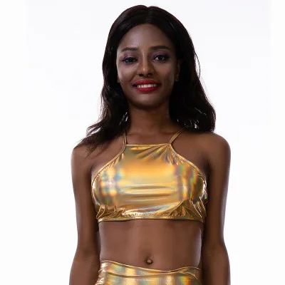 Женский фитнес-блестящий топ с лямкой на шее, укороченный топ для танцев, боди с металлическим рисунком, одежда для сценических танцев, сексуальная открытая майка, одежда для ночного клуба