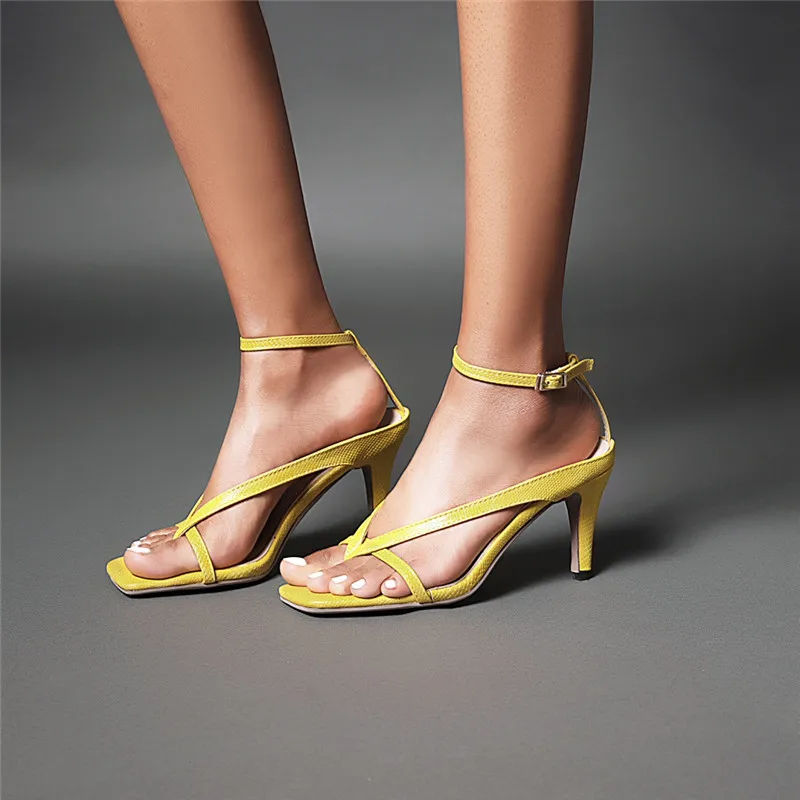 YMECHIC Summer Sexy High Heels Flip Flops Ring Toe Stiletto Women Sandals Yellow Black Blue Snakeskin Embossed Lady Shoes 34-43