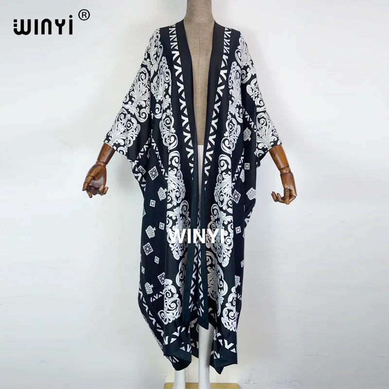 2022 WINYI Middle East Summer Women beach Cardigan New process twill Boho Maxi African Holiday Batwing Sleeve Silk Robe