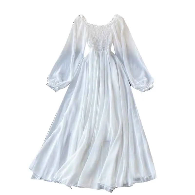 Vestidos de gasa blancos elegantes para mujer, vestidos de vacaciones, manga abombada, cuello oblicuo, hombros descubiertos, línea A, Otoño, nuevo