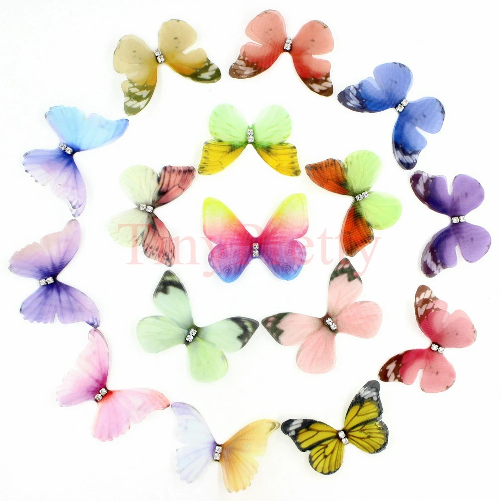 20pcs 45mm Double-layer Printed Organza Butterflies w/ Rhinestone 3D Artificial Butterfly Applique Patch for DIY Hair Accessory