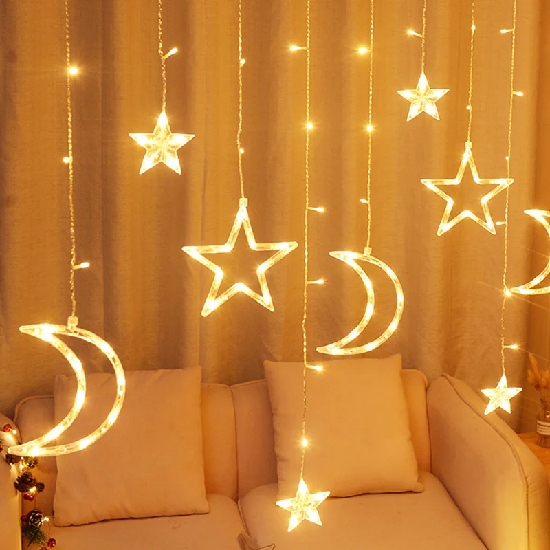 Twinkle Star/Moon Fairy Light Garland 12 Led Curtain String Lights for Ramadan Birthday Christmas Indoor Decorations Xmas Decor