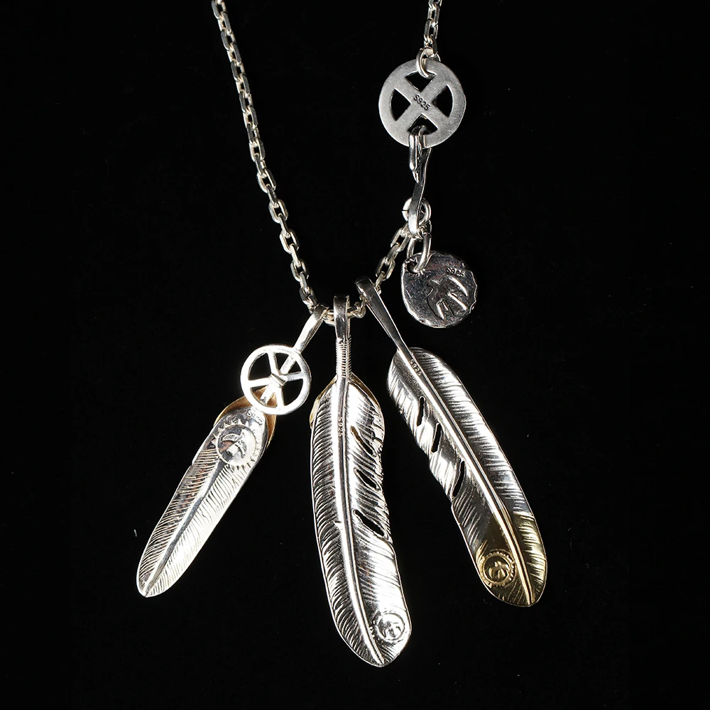 Solid 925 Sterling Silver Necklace For Men Vintage Charms Takahashi Goros Pendant Eagle Feather Chain New Popular Jewelry P1022