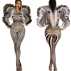 Women Tight Stretch Jumpsuits Zebra Pattern Print Long Sleeve Nightclub DJ DS Singer Dance Gogo Costumes Stage Wear Outfit