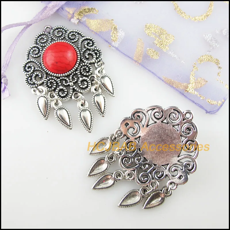 4 New Flower Charms Tibetan Silver Red Waterdrop Tassels Pendants Retro 30x45mm