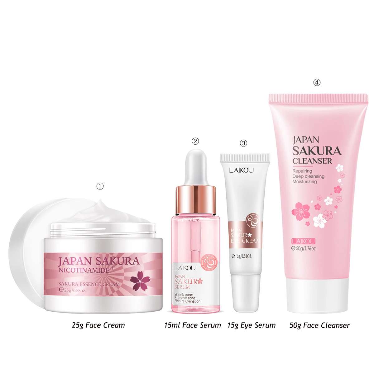 4Pcs Face Skin Care Set Cherry Blossom Essence Moisturizing Collagen Eye Cream & Face Serum & Facial Cleanser Beauty Makeup Set