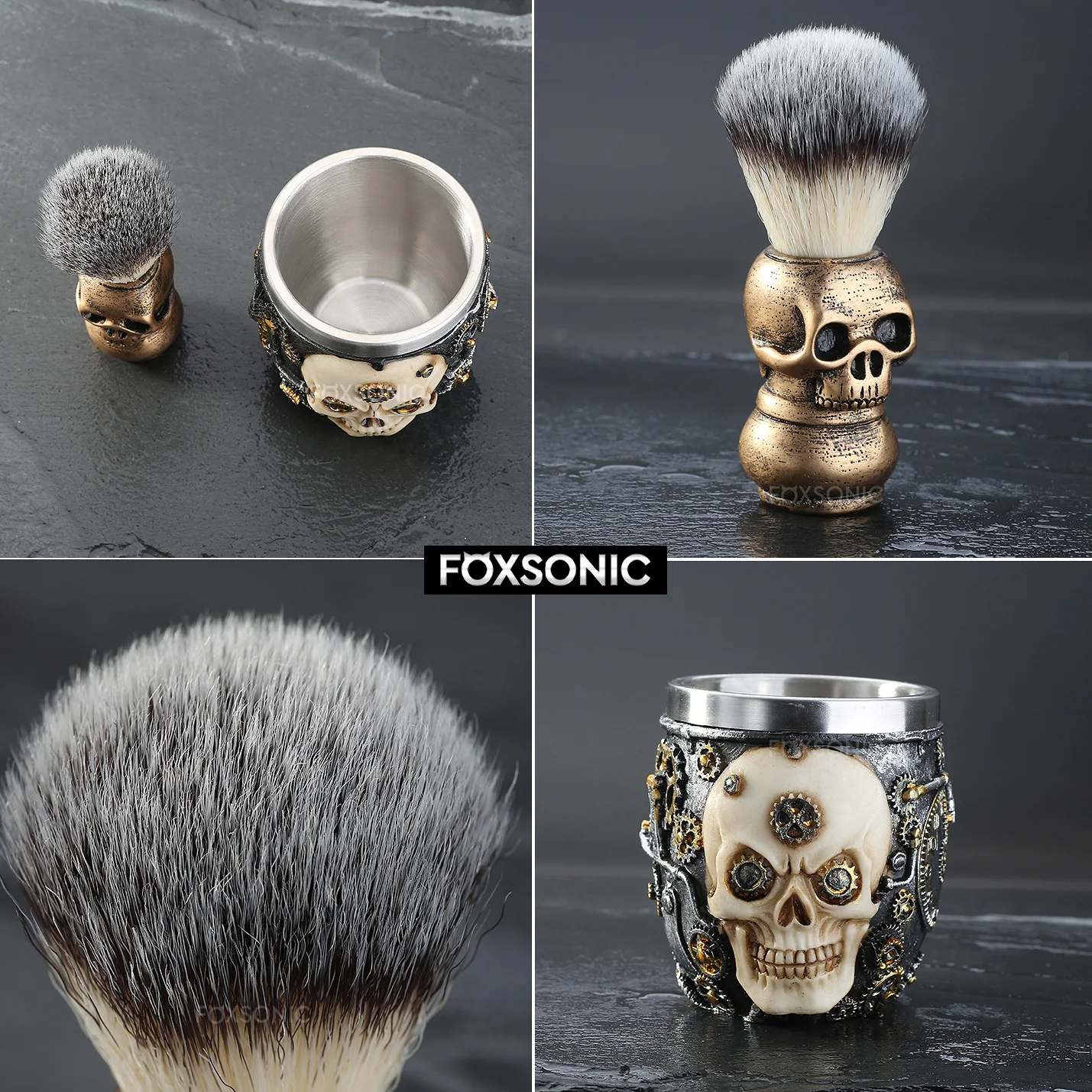 FOXSONIC-Juego de brochas de afeitar con cabeza de calavera para hombre, Kit de brochas de afeitar para peluquería, Set de afeitado de barba