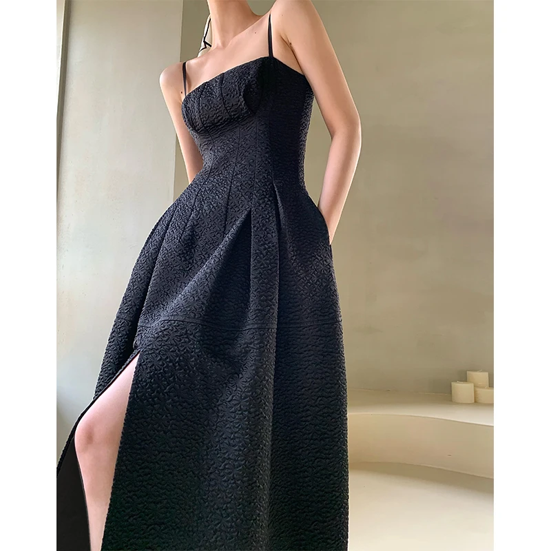 

SuperAen 2021 New Texture Jacquard Vintage Black Spaghetti Strap Square Collar A-Line Ankle-Length Dresses Women