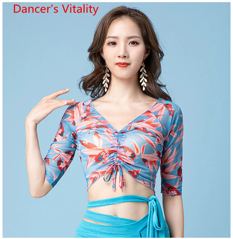 Belly Dance Top Summer Practice Clothes Sexy Deep V Neck Gauze Bellydance Top Oriental Dance Performance Women Dance Outfit