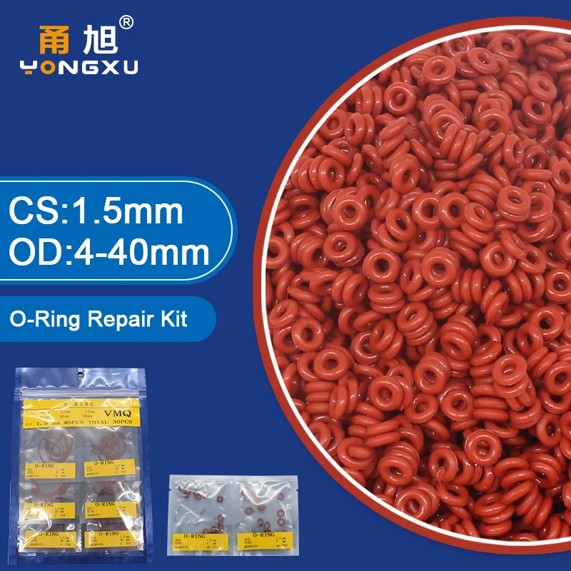 Red VMQ Seal O Ring Kit Thickness 1.5mm Non-toxic Silicone Rubber Ring Gasket Assortment Waterproor Sealing Ring Set