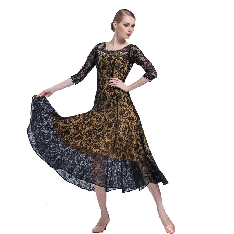 

M-1708 Adult modern dance practice dress lace flower friendship dance dress national ballroom dance practice dress for sale