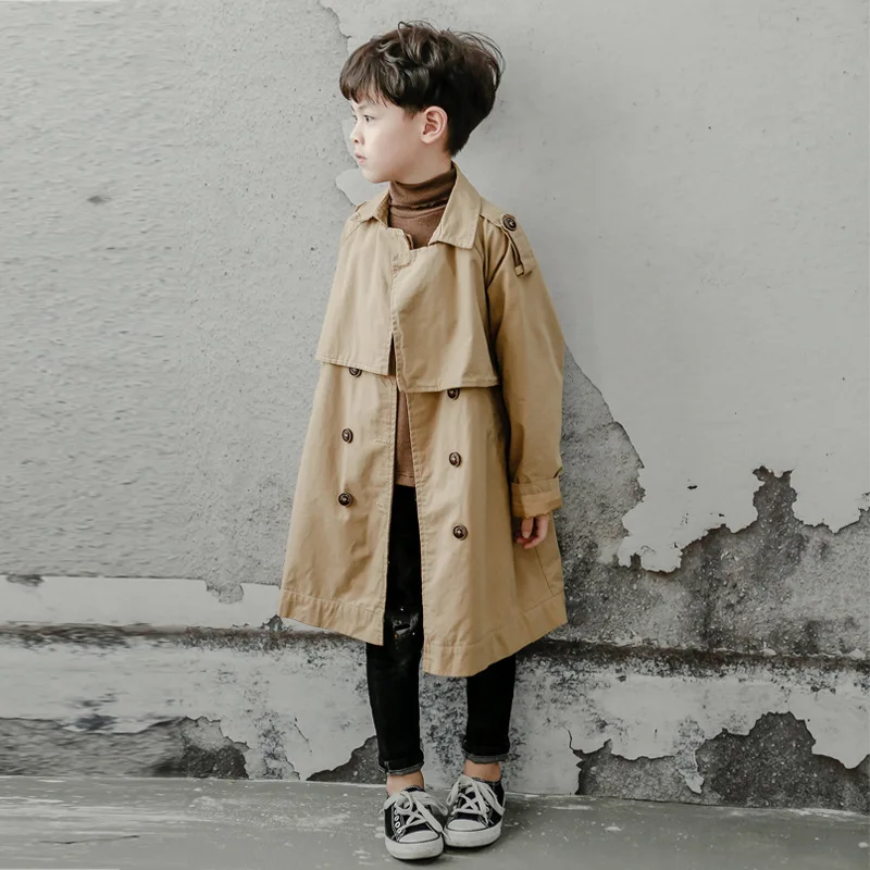 6-16y Kids Trench Coat Spring Autumn Boys Jacket Overcoat Long Sleeve Turn-Down Collar Children Windbreaker Top Clothes H20