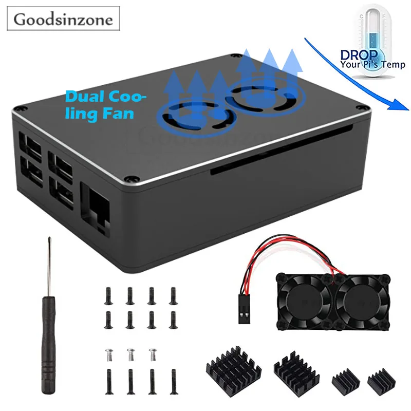 Raspberry Pi 4 Model B Aluminum Metal Case with Dual Cooling Fan Heat Sink Protective Shell Fit for Raspberry Pi 4 Model B RPi 4