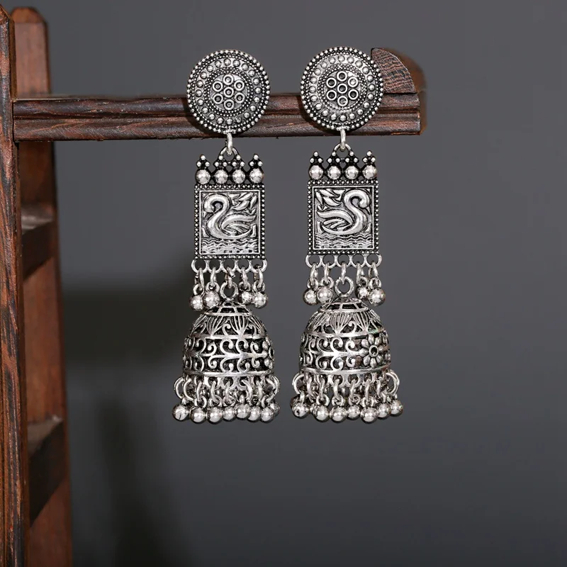 Ethnic Silver Color Bird Shape Indian Earrings For Women Pendient Vintage Gyspy Bell Tassel Ladies Earring Jewelry