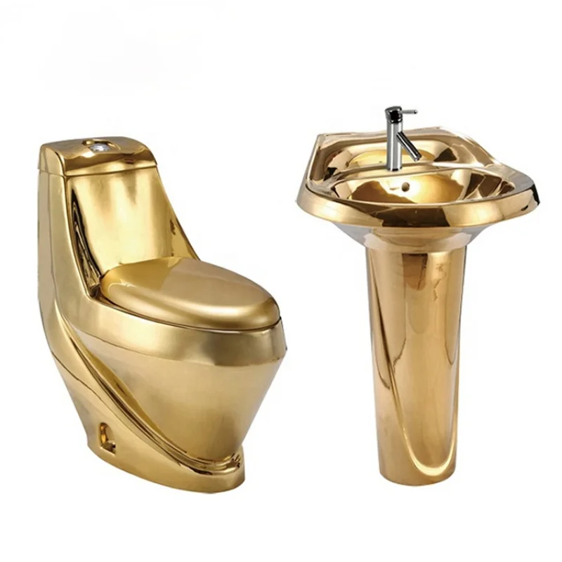 Mosaic Gold Vintage Luxious Pedestal Sink Ceramic Bathroom Sink With Stand Pedestal Wash Basin Close-Coupled Suite With Overflow