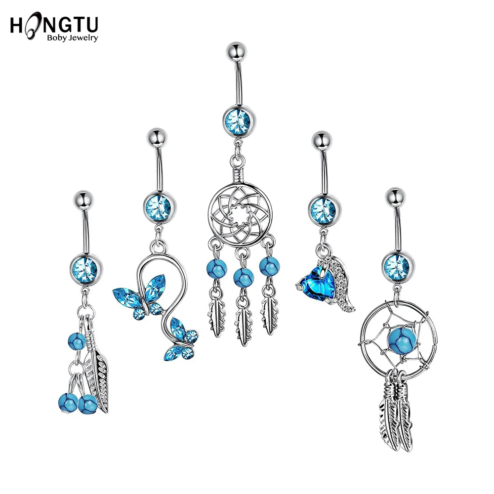 

1PC Zircon Dream Catcher Belly Button Ring Crystal Belly Bars Sexy Stainless Steel Dangle Navel Piercing Women Body Jewelry 14G